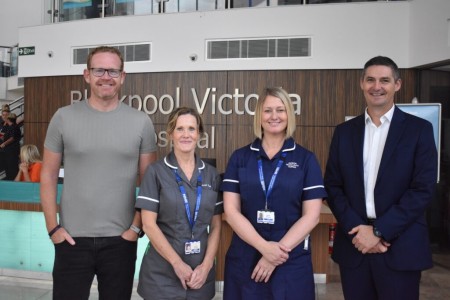 Photo shows (L-R): James McLaughlin (Chief Executive, Cure Leukaemia), Joanne Howard (Lead Nurse, Blackpool Teaching Hospitals), Denise Bennett (Cure Leukaemia Research Nurse, Blackpool Teaching Hospitals) and Nigel Murray (Managing Director, Booths) on a recent visit to Blackpool Victoria Hospital